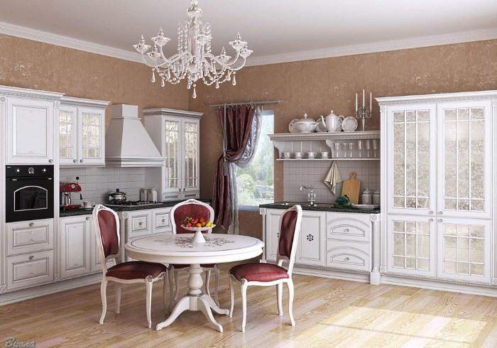Белая классическая кухня со светло-коричневыми обоями Белая классическая кухня со светло-коричневыми обоями