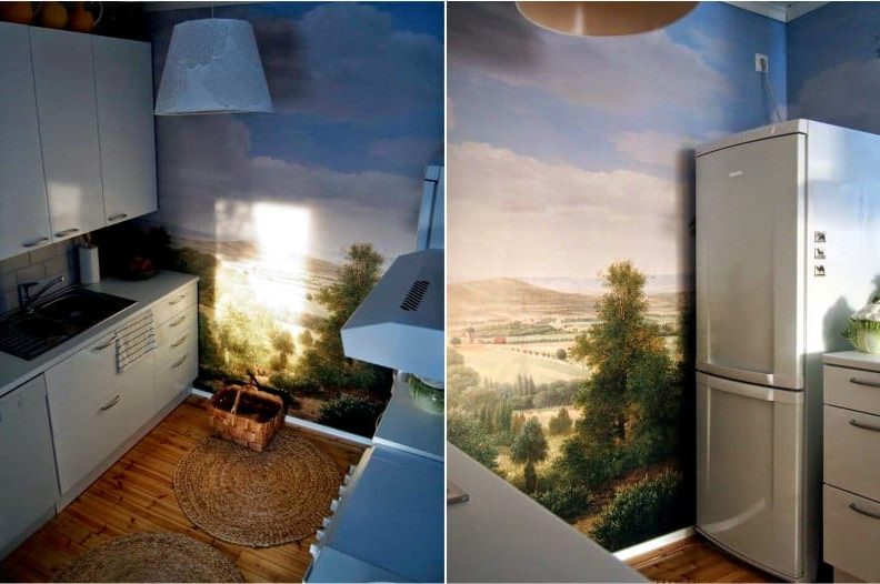 Фотообои с пейзажем в интерьере кухни