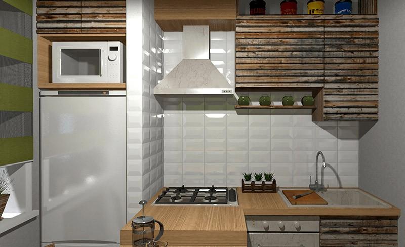 Маленькая кухня с холодильником а нише из гипсокартона Маленькая кухня с холодильником а нише из гипсокартона