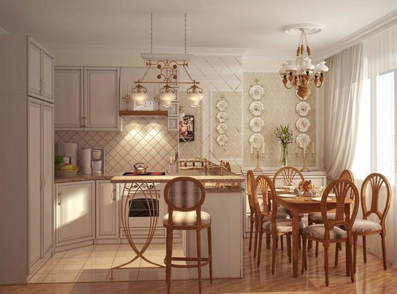 комбинация нескольких видов отделки стен на кухне прованс